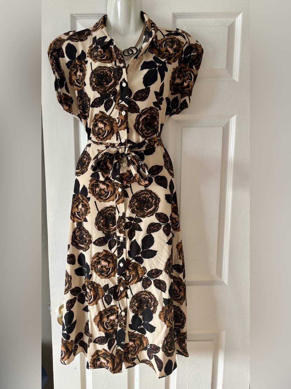 Cream Floral Button-Front Midi Dress with Tie Waist
